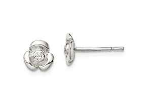 Sterling Silver Polished Flower with CZ Children's Post Earrings