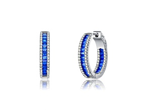 Rhodium Plated over Sterling Silver with Sapphire Blue Color Cubic Zirconia Hoop Earrings