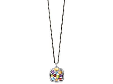 Rhodium Over Sterling Silver with 14K Accent Citrine/Amethyst/Swiss Blue Topaz/Peridot Necklace