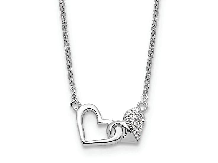 Rhodium Over Sterling Silver Cubic Zirconia Double Heart 16-inch Plus 2-inch Extension Necklace