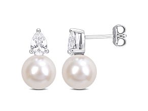 8.5-9MM FW Cultured Pearl and 1 1/3 CT TGW Created White Sapphire Stud Earrings in Sterling Silver
