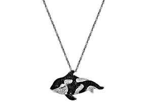 Black And White Diamond Rhodium Over Sterling Silver Orca Whale Pendant With Chain 0.33ctw