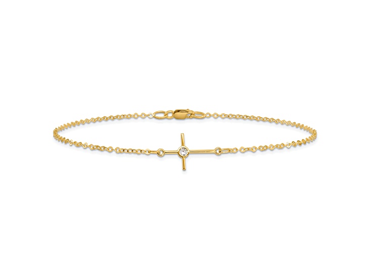 14K Yellow Gold Polished CZ Cross Anklet