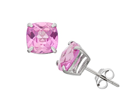 Square Cushion Lab Created Pink Sapphire Sterling Silver Stud Earrings 4.60ctw