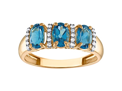 10K Yellow Gold Oval 3-Stone London Blue Topaz and Diamond Ring 1.0ctw