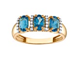 10K Yellow Gold Oval 3-Stone London Blue Topaz and Diamond Ring 1.0ctw
