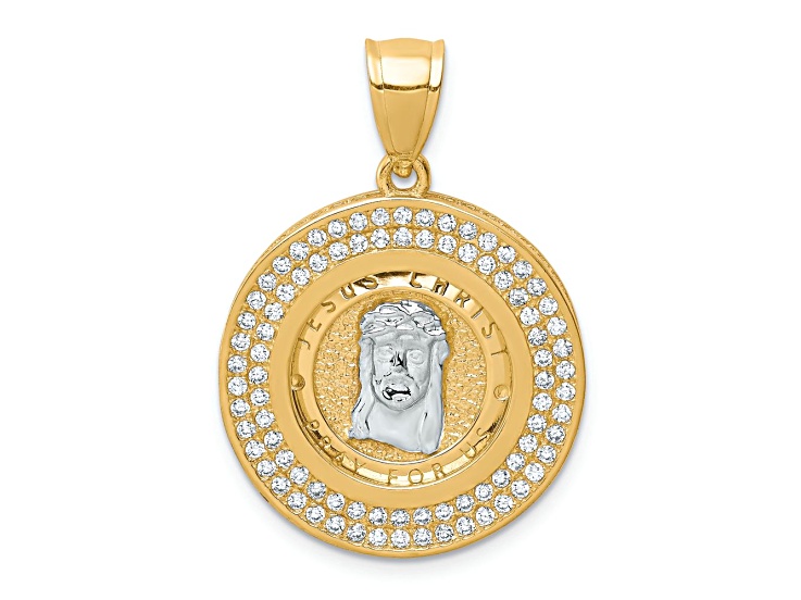 10k Yellow Gold and Rhodium Over 10k Yellow Gold Textured Cubic Zirconia Jesus Face Pendant
