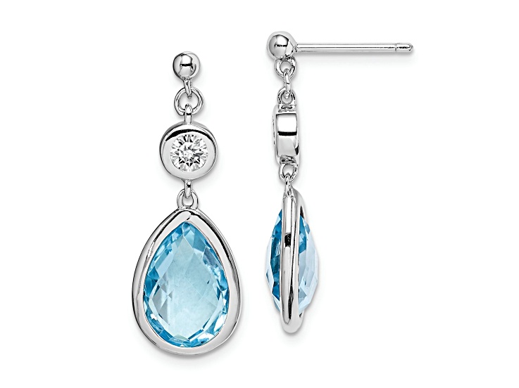 Sterling Silver Rhodium-plated White and Blue Topaz Post Dangle Earrings