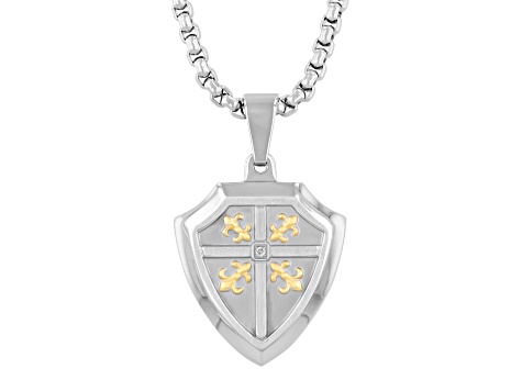 Stainless Steel and White Diamond Accent Steel Fleur-de-Lis Shield Pendant With Chain