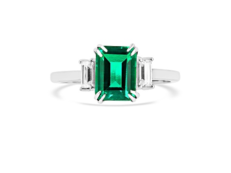 Lab Created Emerald and Moissanite Rhodium Over Sterling Silver 3-Stone Ring