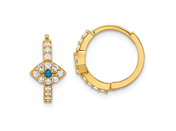10k Yellow Gold 1/2" Polished Clear and Blue Cubic Zirconia Evil Eye Hinged Hoop Earrings