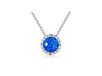 Picture of Lab Created Blue Opal and White CZ Accents Rhodium Over Sterling Silver Pendant Style Necklace