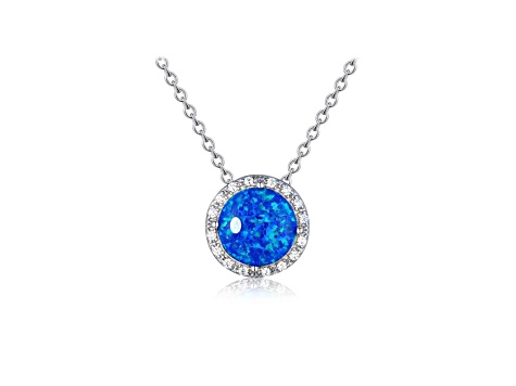 Lab Created Blue Opal and White CZ Accents Rhodium Over Sterling Silver Pendant Style Necklace