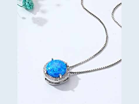 Lab Created Blue Opal and White CZ Accents Rhodium Over Sterling Silver Pendant Style Necklace