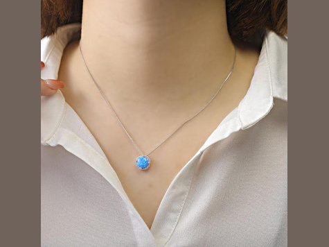 Lab Created Blue Opal and White CZ Accents Rhodium Over Sterling Silver Pendant Style Necklace