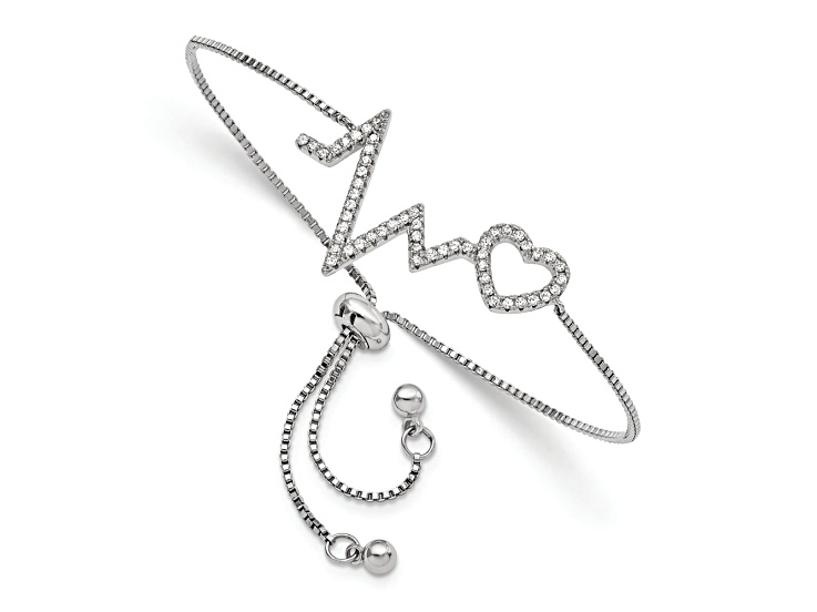 Sterling Silver Polished Rhodium-plated Micro Pavé Cubic Zirconia Heartbeat Adjustable Bracelet
