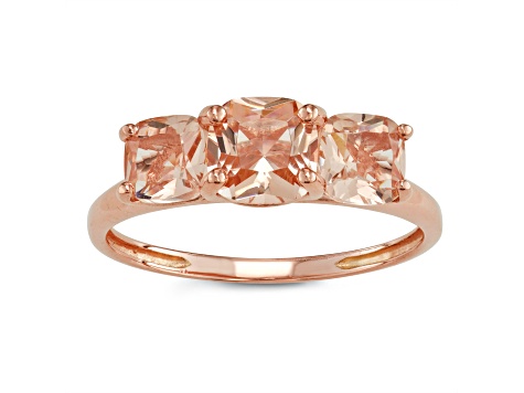 Square Cushion Morganite Simulant 3-Stone 10K Rose Gold Ring 1.95ctw