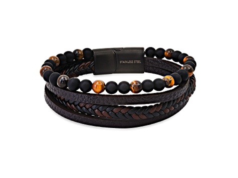 Men's Two-tone Braided Leather, Lava Rock, Tigers Eye Layered Bracelet With Magnetic Clasp