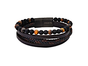 Men's Two-tone Braided Leather, Lava Rock, Tigers Eye Layered Bracelet With Magnetic Clasp