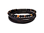 Men's Two-tone Braided Leather, Lava Rock, Tigers Eye Layered Bracelet With Magnetic Clasp