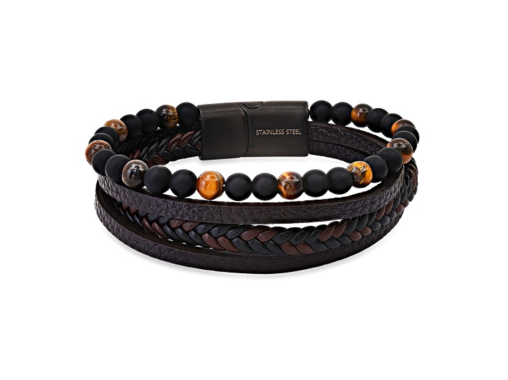 Men's Two-tone Braided Leather, Lava Rock, Tigers Eye Layered Bracelet With Magnetic Clasp