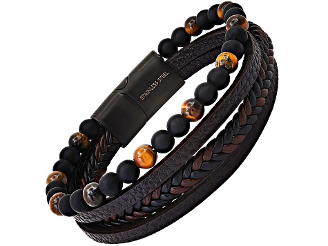 Men's Two-tone Braided Leather, Lava Rock, Tigers Eye Layered Bracelet With Magnetic Clasp