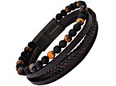 Men's Two-tone Braided Leather, Lava Rock, Tigers Eye Layered Bracelet With Magnetic Clasp