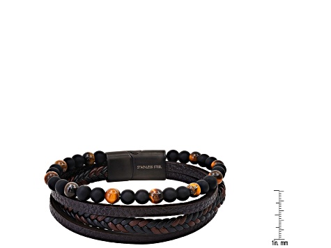 Men's Two-tone Braided Leather, Lava Rock, Tigers Eye Layered Bracelet With Magnetic Clasp