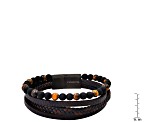 Men's Two-tone Braided Leather, Lava Rock, Tigers Eye Layered Bracelet With Magnetic Clasp