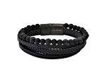 Men's Black Braided Leather and Black Lava Rock Layered Bracelet With Magnetic Clasp