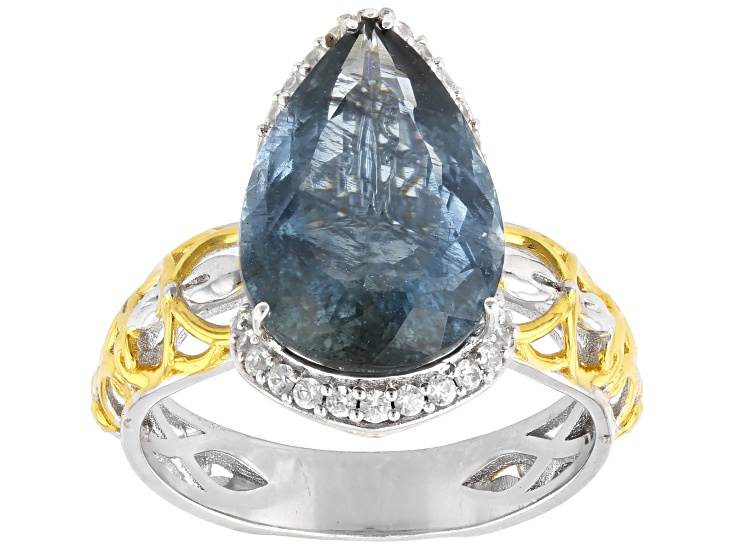 Blue Tanzanian Aquamarine & White Zircon 24K Gold Over Palladium Sterling Silver Ring 6.94ctw