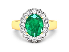 Green Zambian Emerald and White Diamond Halo 14K Yellow Gold Ring
