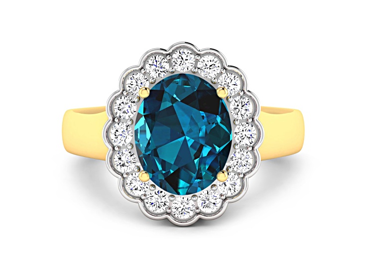 London Blue Topaz and White Diamond Halo 14K Yellow Gold Ring