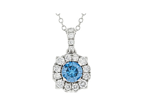 Blue and White lab-grown diamond 14K white gold halo pendant 1.00ctw