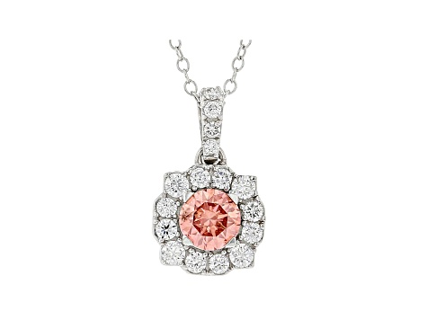 Pink And White Lab-Grown Diamond 14K White Gold Halo Pendant With Cable Chain 1.00ctw