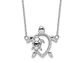 Rhodium Over Sterling Silver Polished Cubic Zirconia Turtles with 2 Inch Extension Necklace