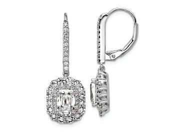 Picture of Rhodium Over Sterling Silver Emerald-cut Cubic Zirconia Halo Dangle Leverback Earrings