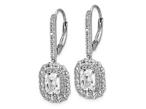 Rhodium Over Sterling Silver Emerald-cut Cubic Zirconia Halo Dangle Leverback Earrings