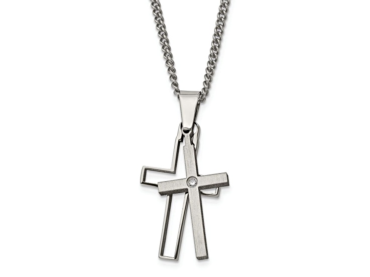 Titanium Brushed and Polished with.03ct Diamond Cross Pendant with 22 Inch Curb Chain