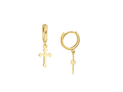 14K Yellow Gold 7.0mm Baby Hoop Dangle Cross Earrings