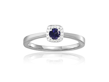 Picture of Rhodium Over Sterling Silver Round Blue Sapphire and Moissanite Halo Ring