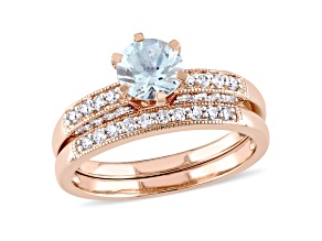 Aquamarine and Diamond 10K Rose Gold Bridal Ring Set 1.04ctw