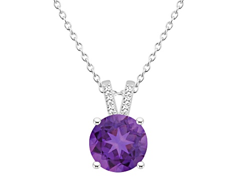 8mm Round Amethyst With Diamond Accents Rhodium Over Sterling Silver Pendant with Chain