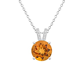 8mm Round Citrine With Diamond Accents Rhodium Over Sterling Silver Pendant with Chain