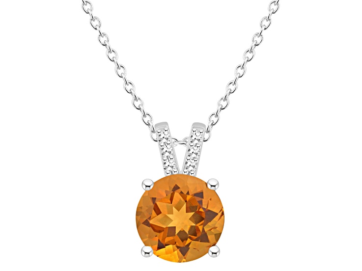 8mm Round Citrine With Diamond Accents Rhodium Over Sterling Silver Pendant with Chain