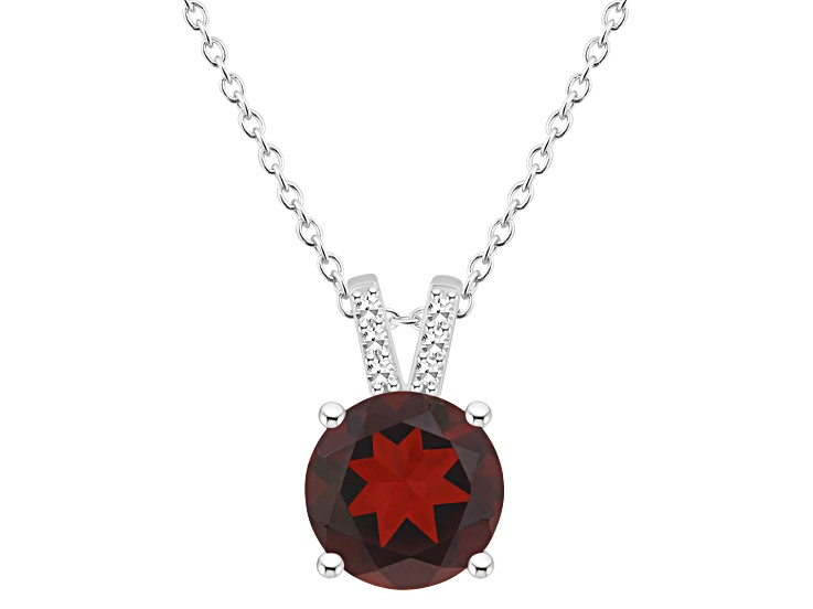 8mm Round Garnet With Diamond Accents Rhodium Over Sterling Silver Pendant with Chain