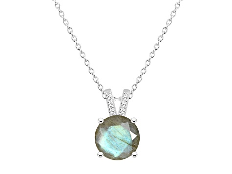 8mm Round Labradorite With Diamond Accents Rhodium Over Sterling Silver Pendant with Chain