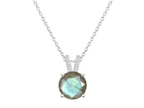 8mm Round Labradorite With Diamond Accents Rhodium Over Sterling Silver Pendant with Chain