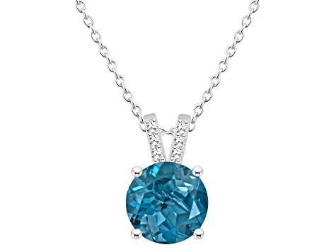 8mm Round London Blue Topaz With Diamond Accents Rhodium Over Sterling Silver Pendant with Chain