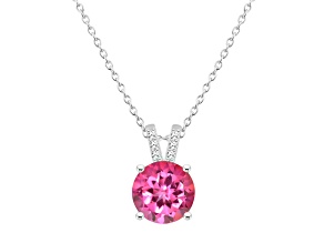 8mm Round Pink Topaz With Diamond Accents Rhodium Over Sterling Silver Pendant with Chain